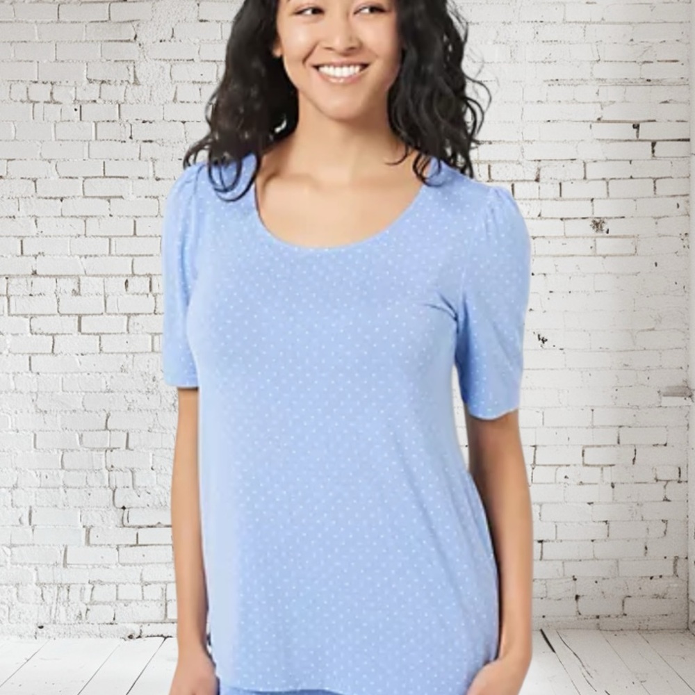 Susan Graver Spa Knit Print Top NWT | XXS Soft Stretch Short‑Sleeve Comfort Fit